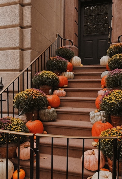 A bunch of pumpkins sitting on the steps of a building