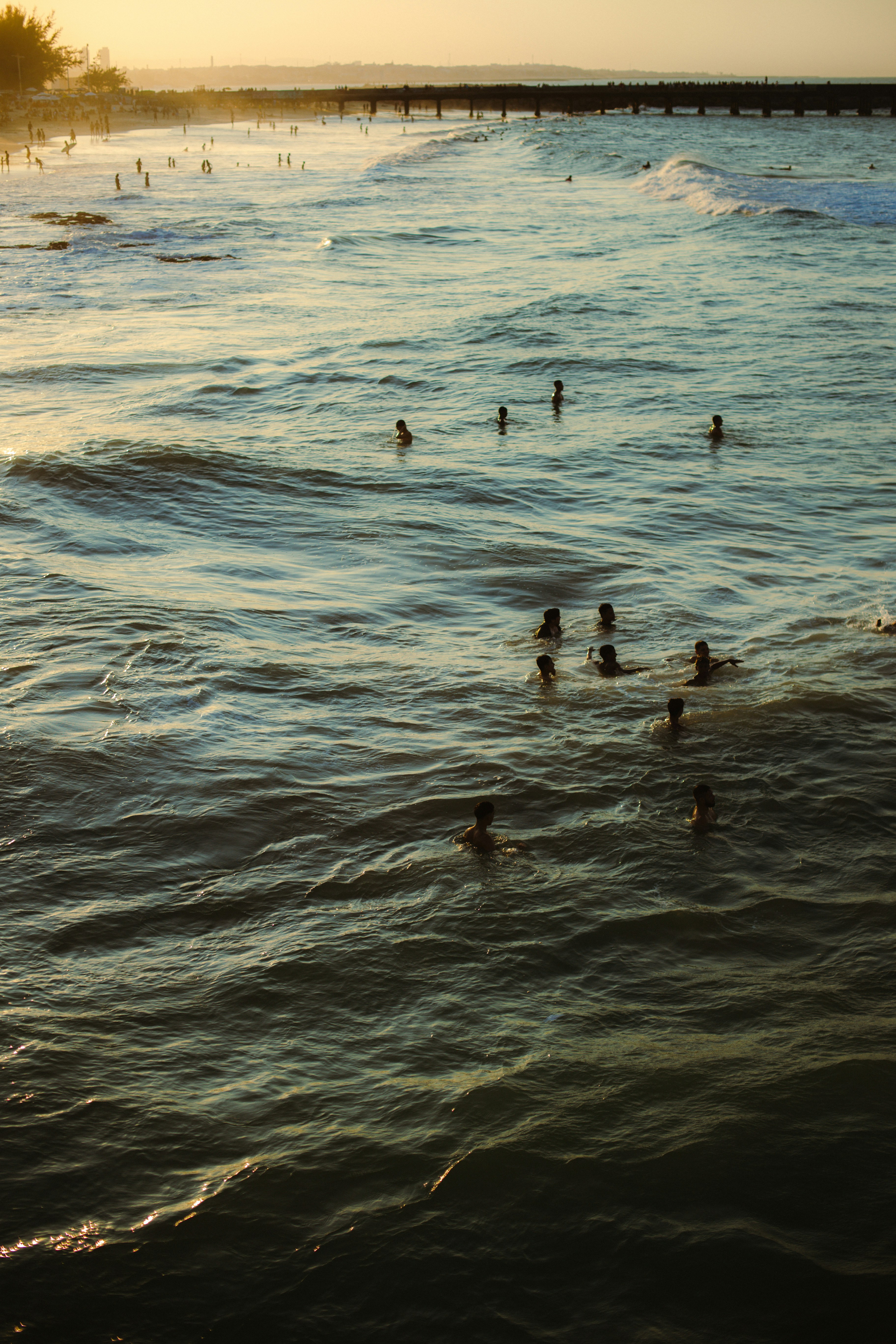 A group of people swimming in the ocean at sunset