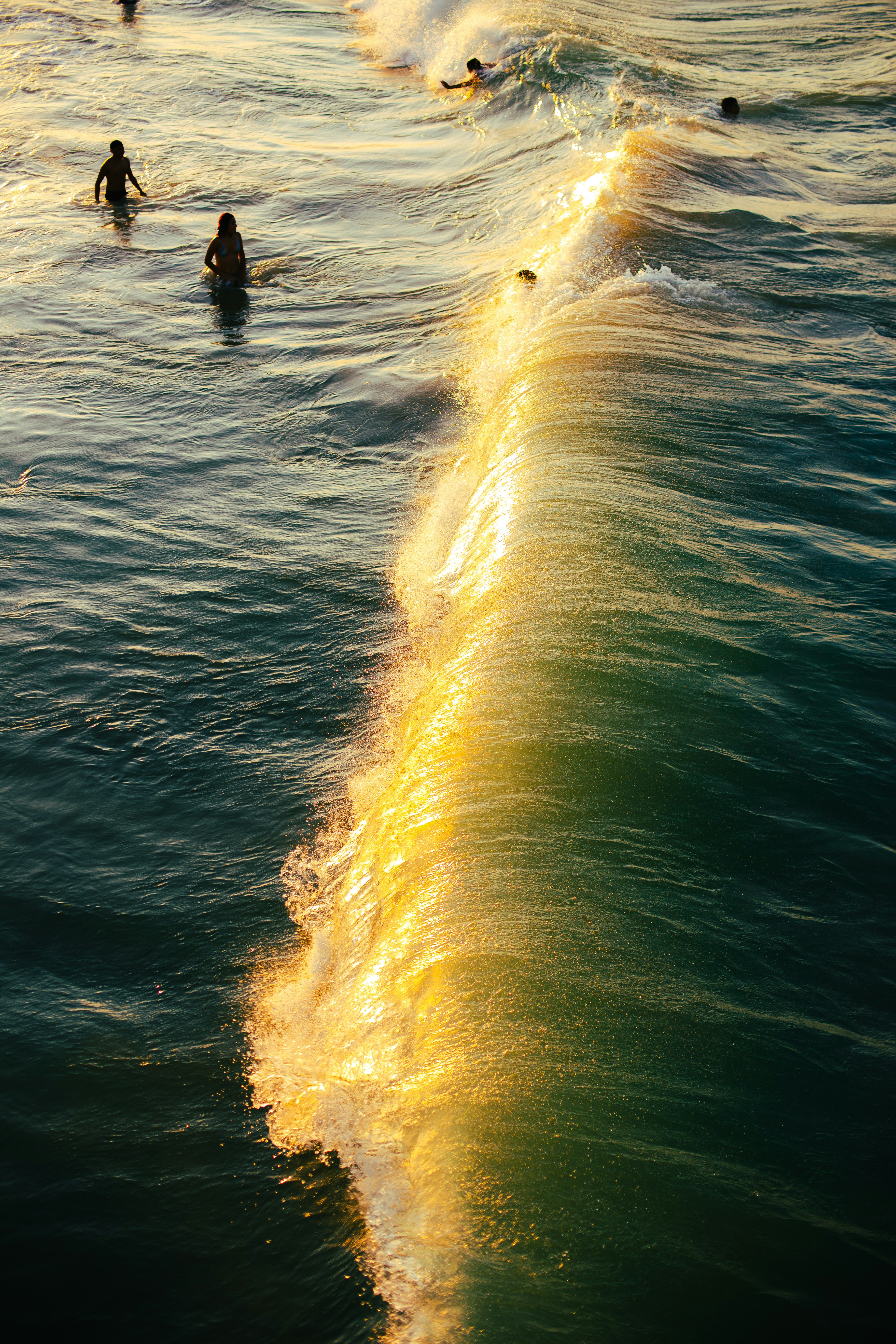 A group of people riding surfboards on top of a wave