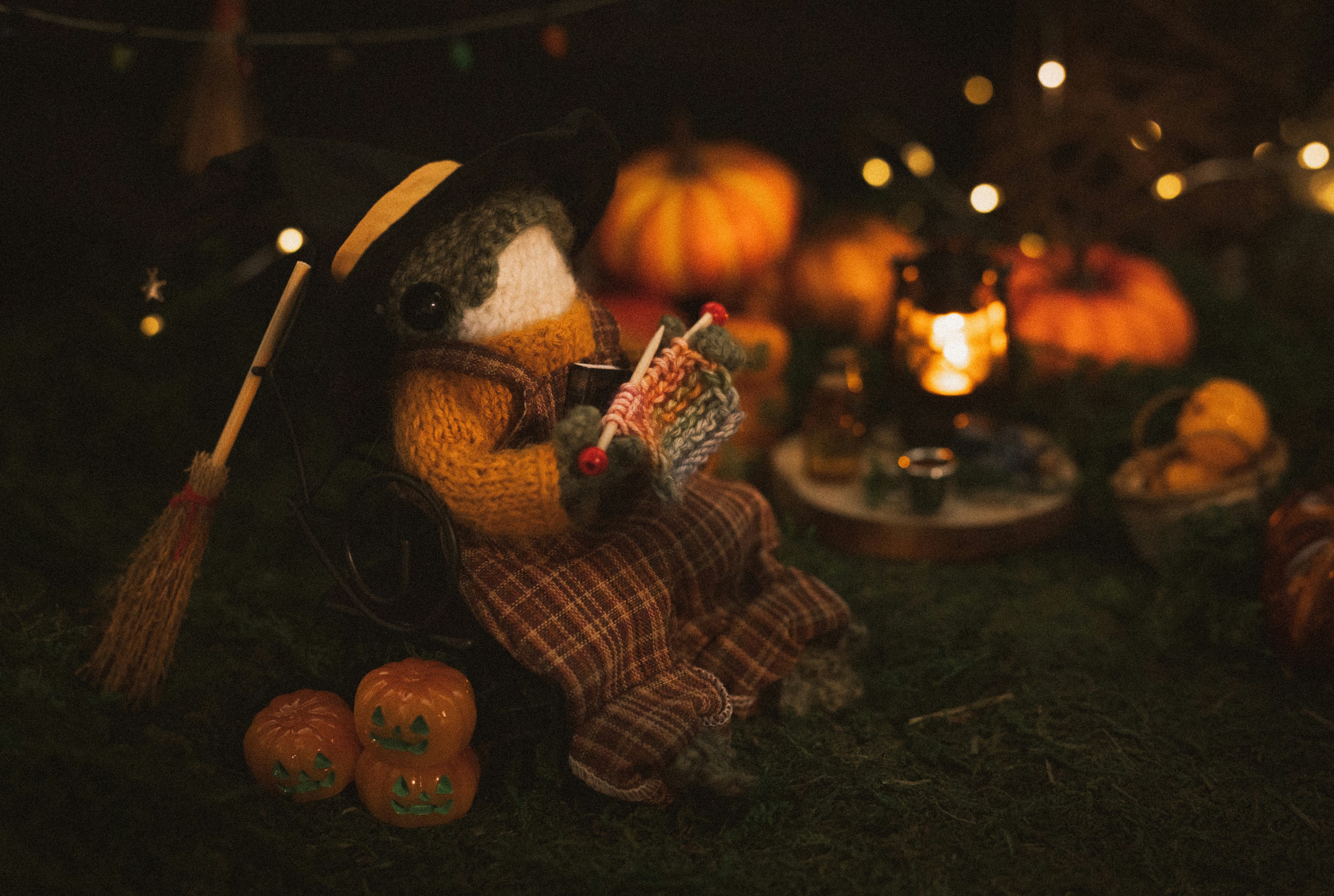 A stuffed animal sitting on the ground surrounded by pumpkins