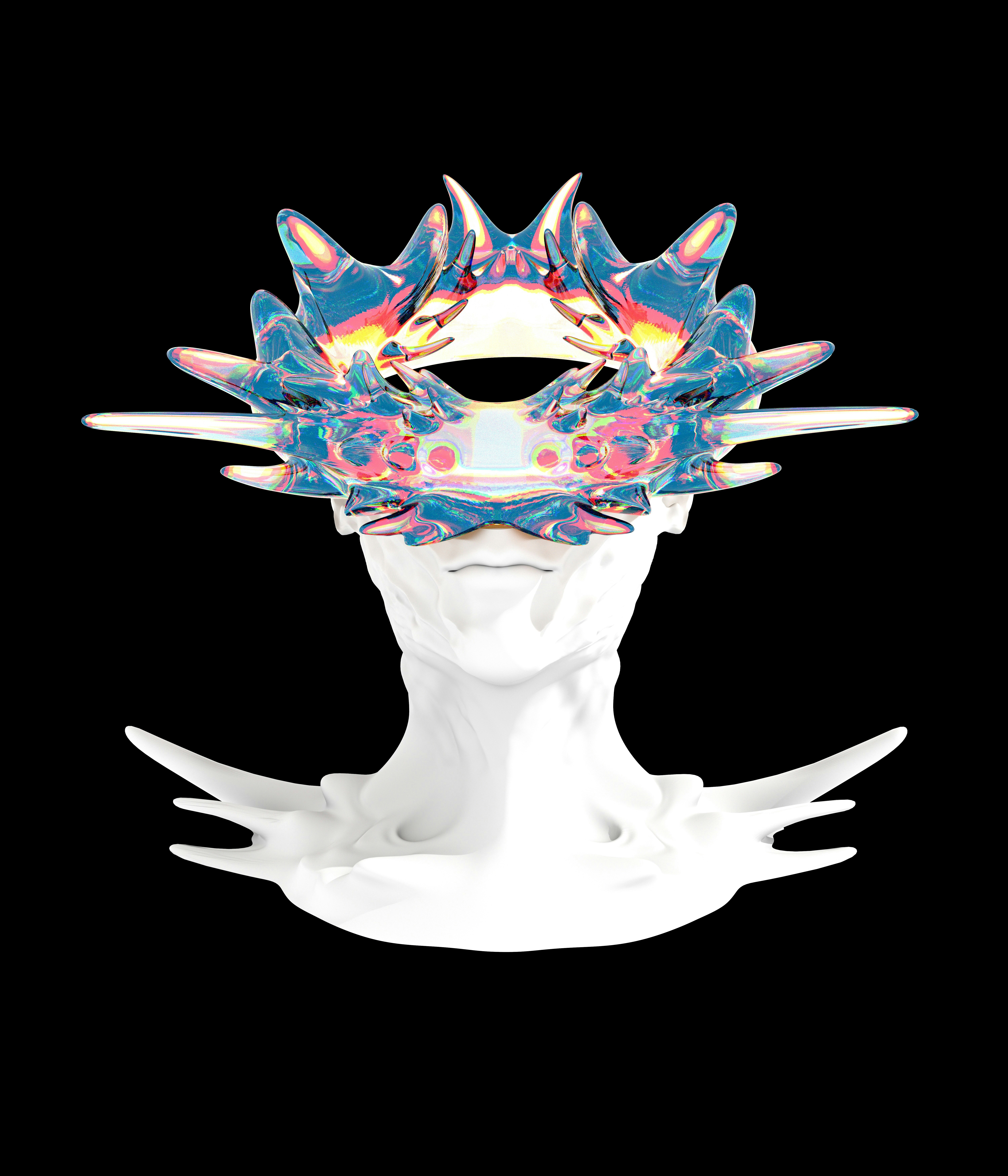 Hvit byste der ansiktstrekk er byttet ut med et fargerikt krater.