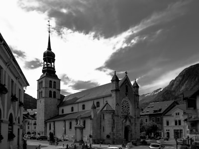 A black and white photo of an old town