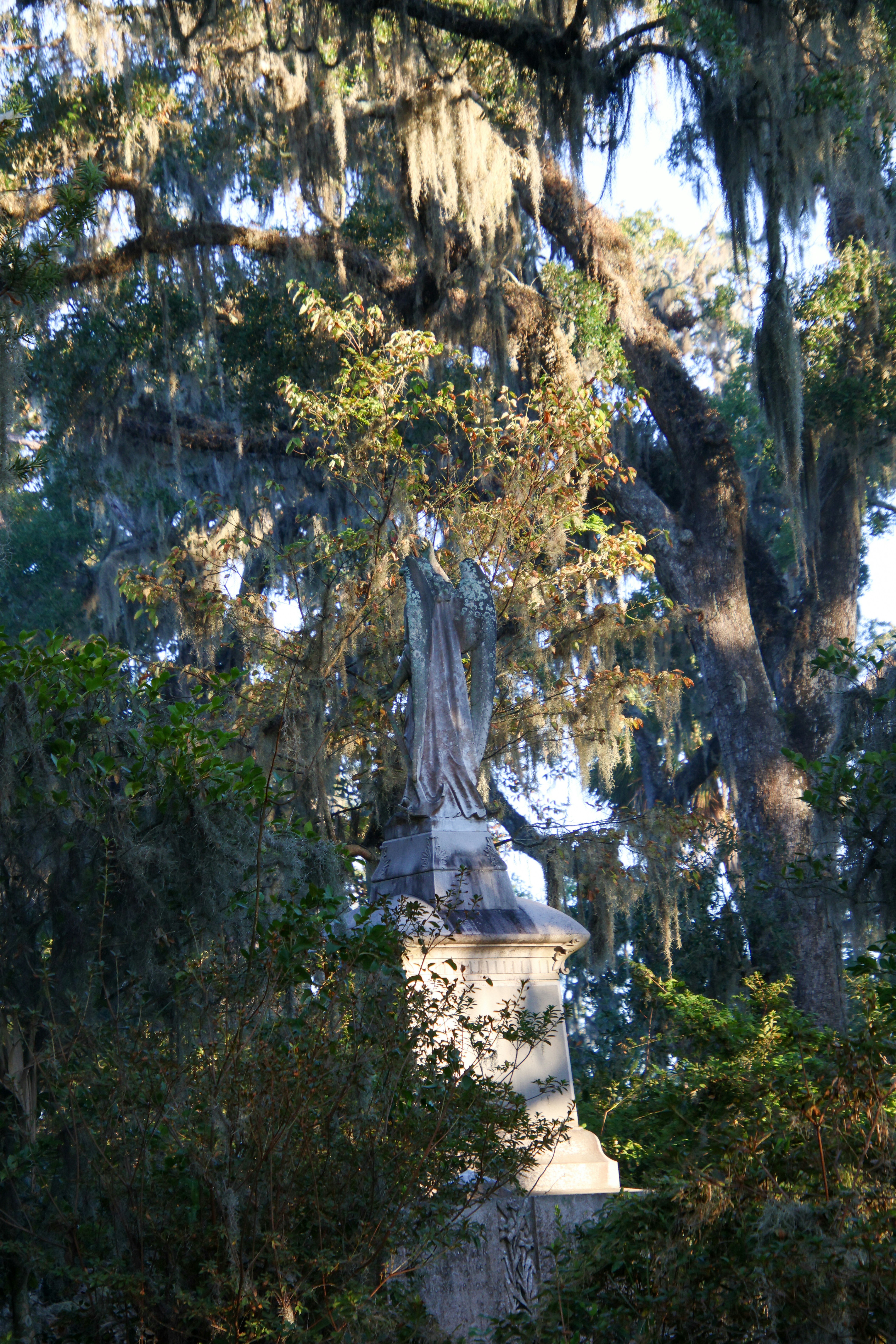 A statue in the middle of a cemetery surrounded by trees