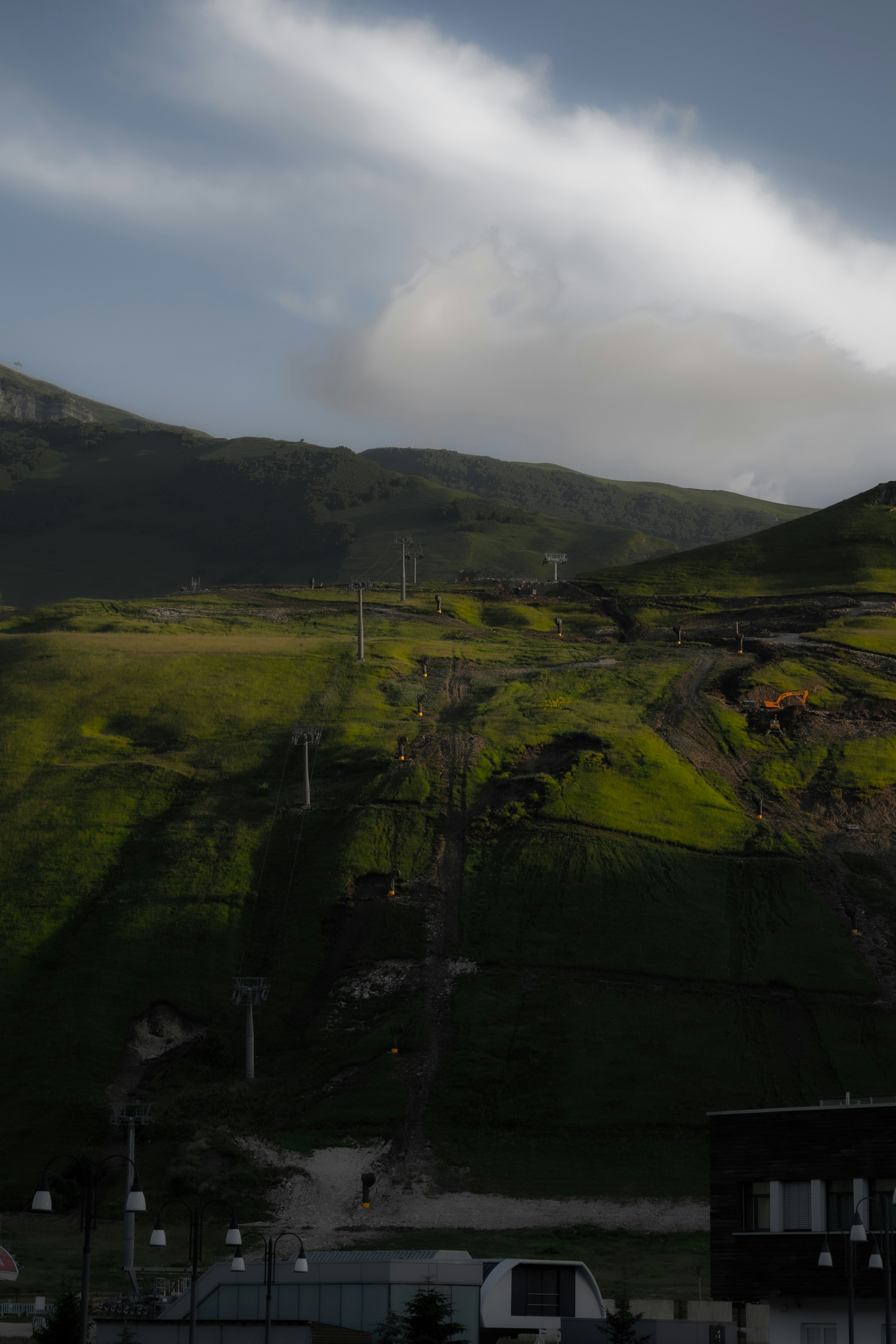 A green hillside with a few houses on it