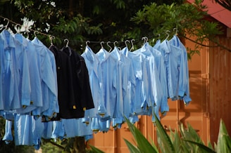 A line of blue shirts hanging on a clothes line