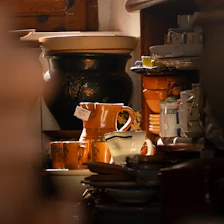 A pile of coffee cups sitting on top of a table