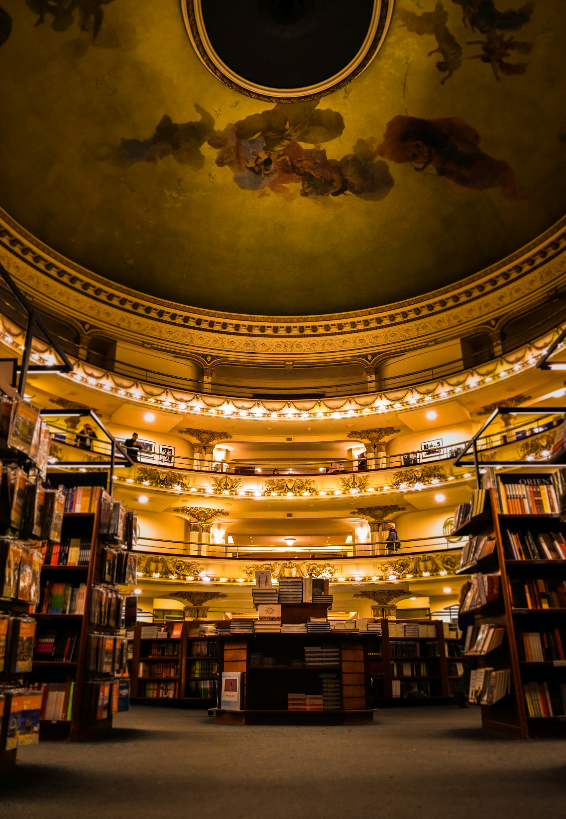The ceiling of a library filled with lots of books