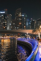 A view of a city at night from the water