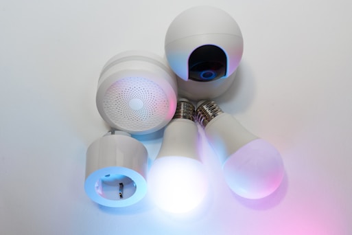 A close up of smart home gadgets and lights