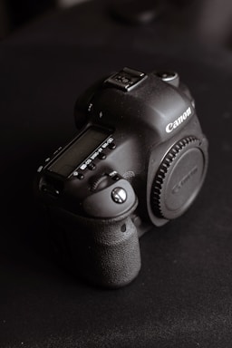A camera sitting on top of a black table