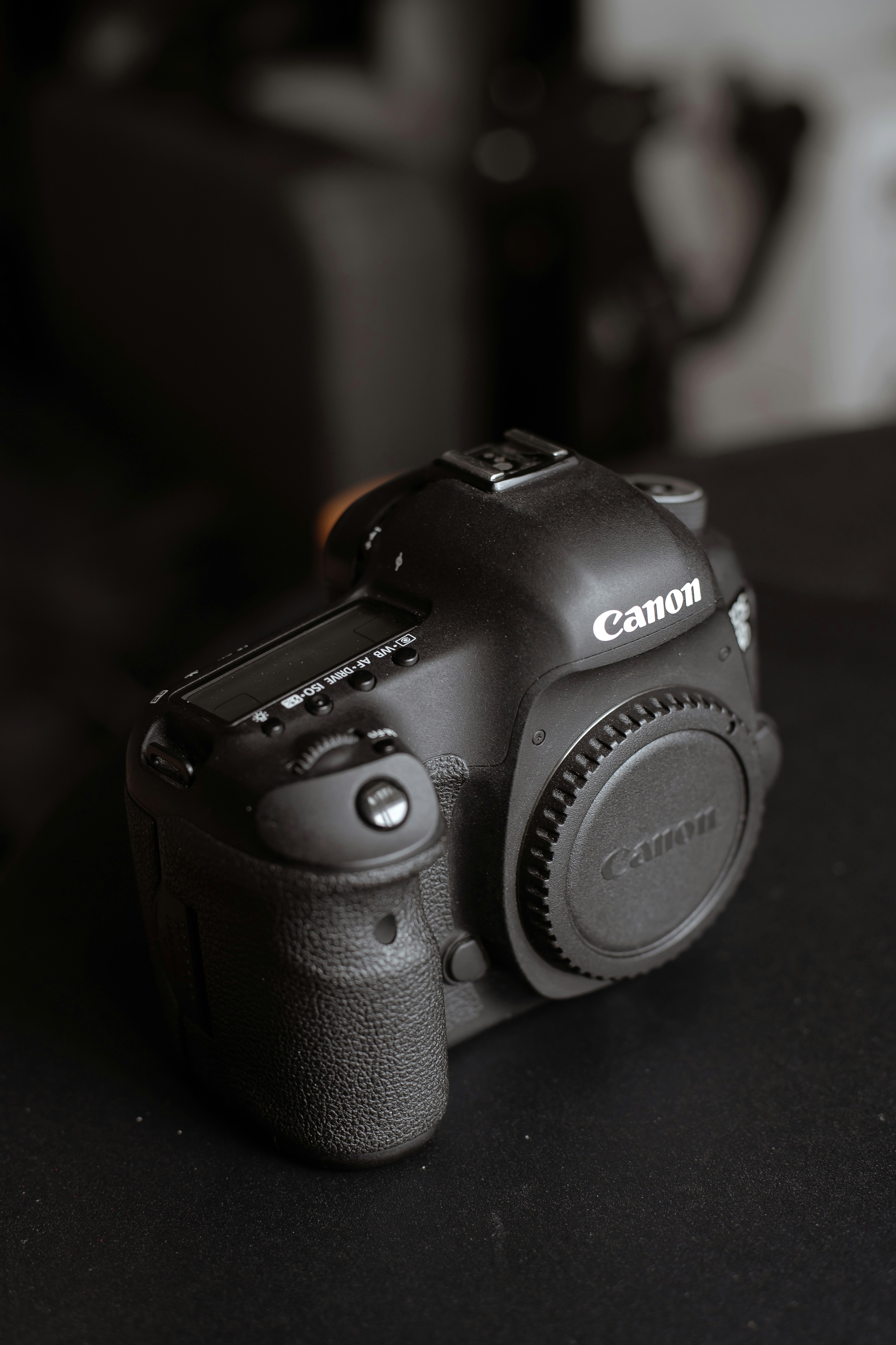 A canon camera sitting on a table in a room