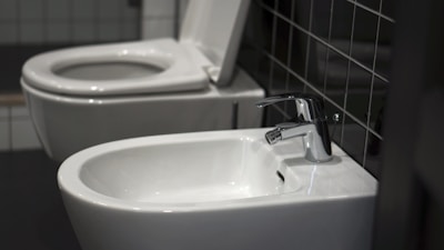 A white toilet sitting next to a white sink