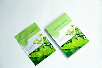 Two packets of green tea sitting on top of a table