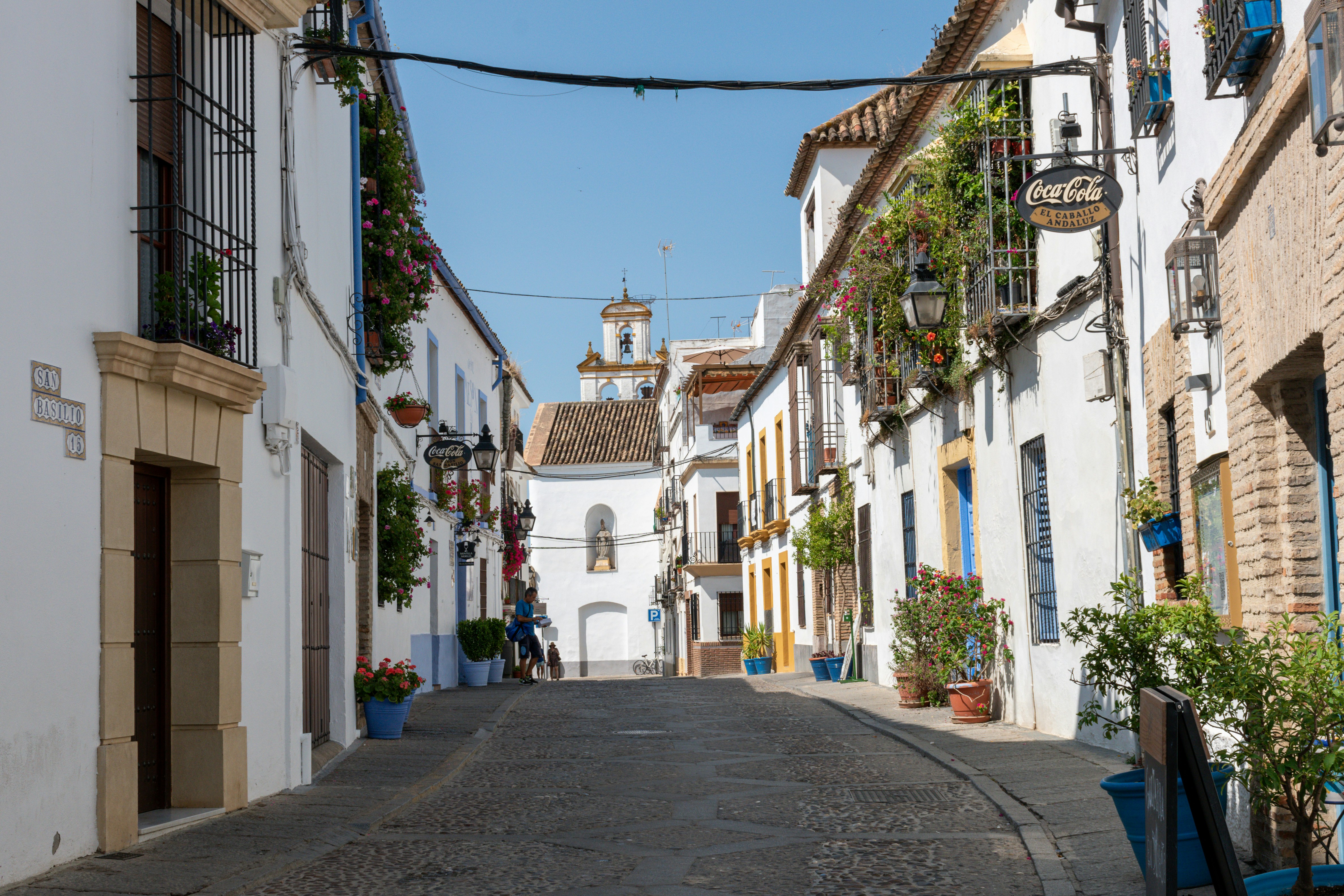 A narrow street with white buildings and blue shutters