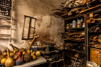 A room filled with lots of clutter next to a window