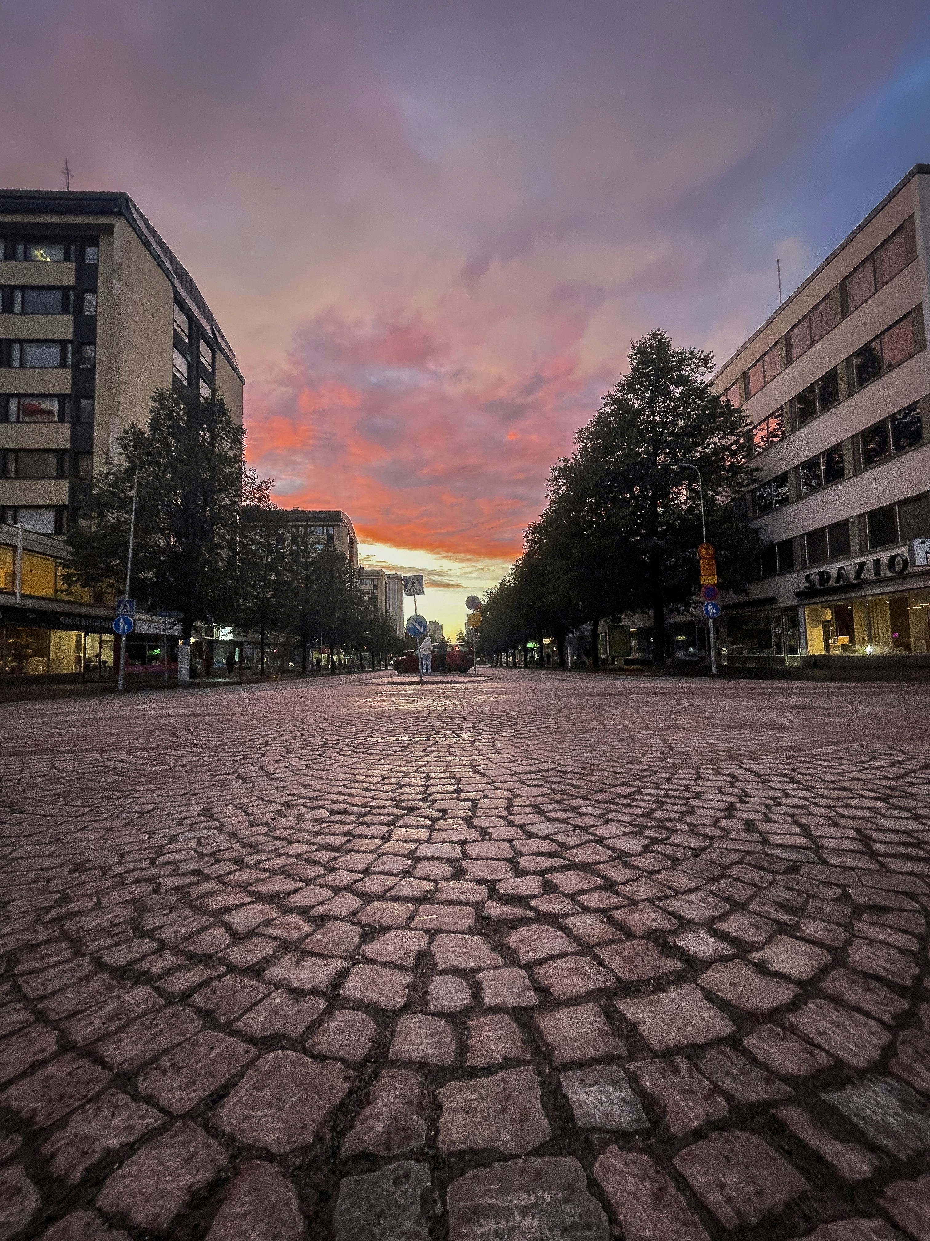 A cobblestone street with buildings in the background