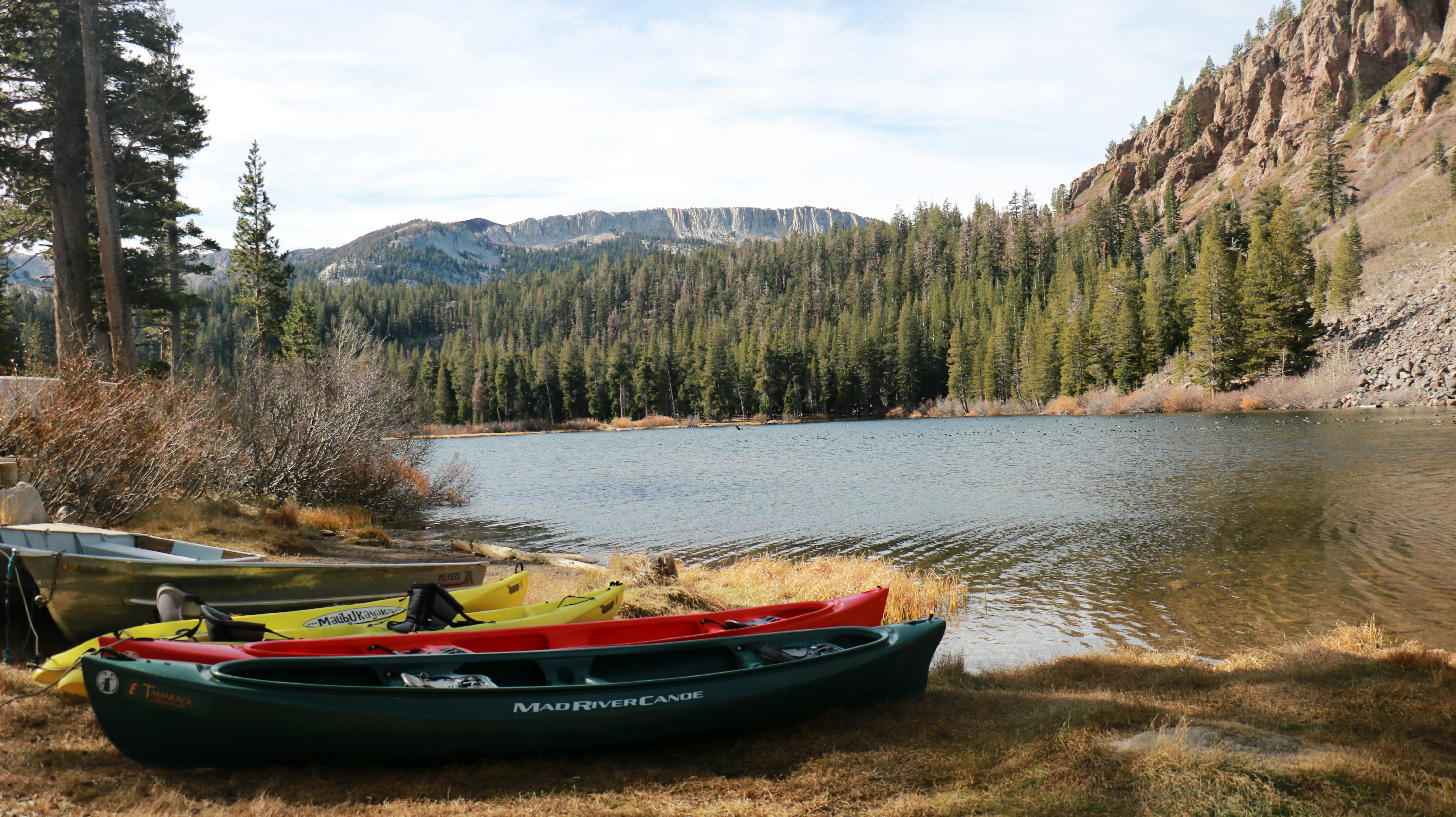 A couple of canoes sitting on the shore of a lake
