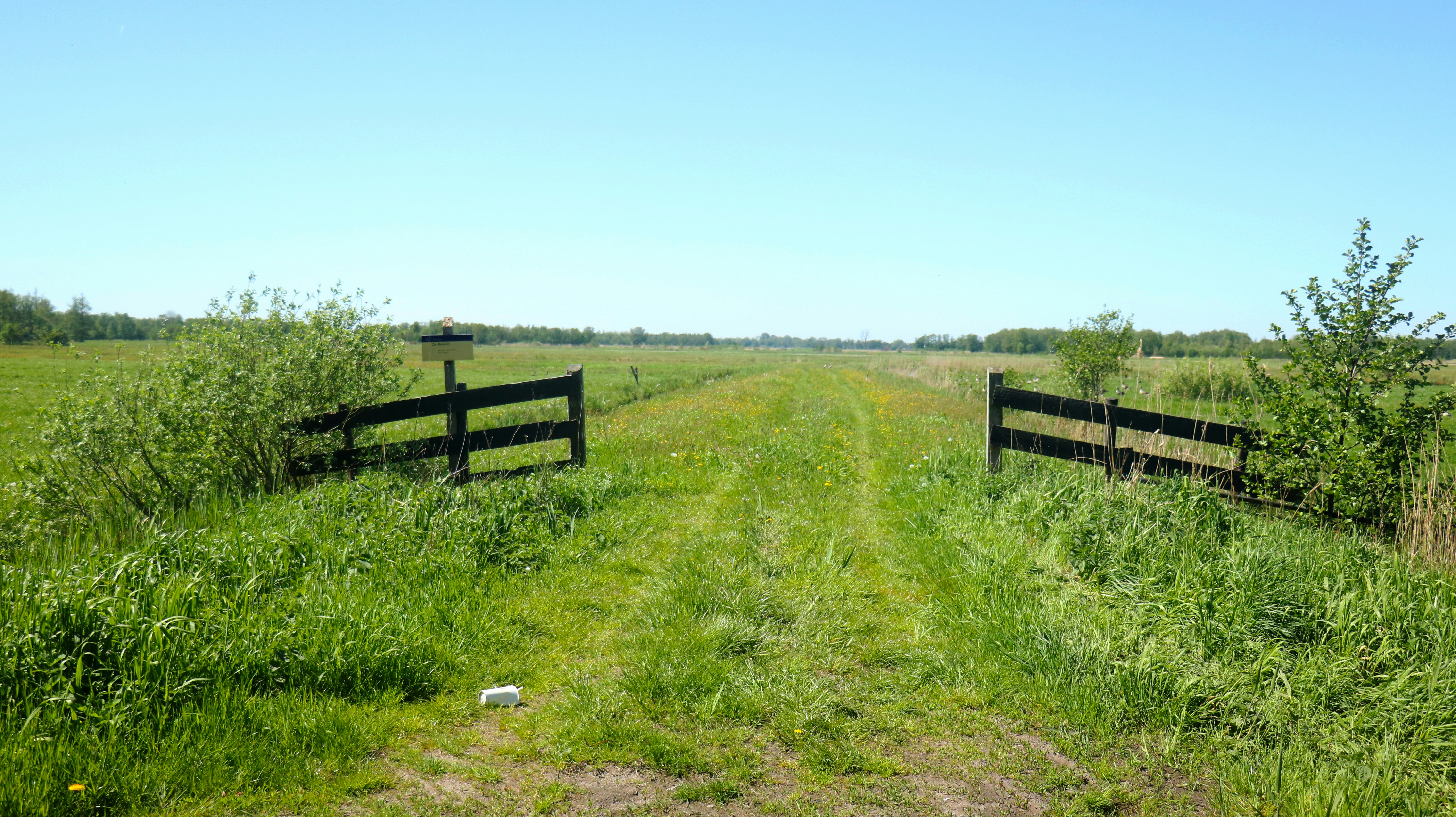 A dirt road with a fence and a field in the background