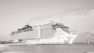 A large cruise ship docked at the beach