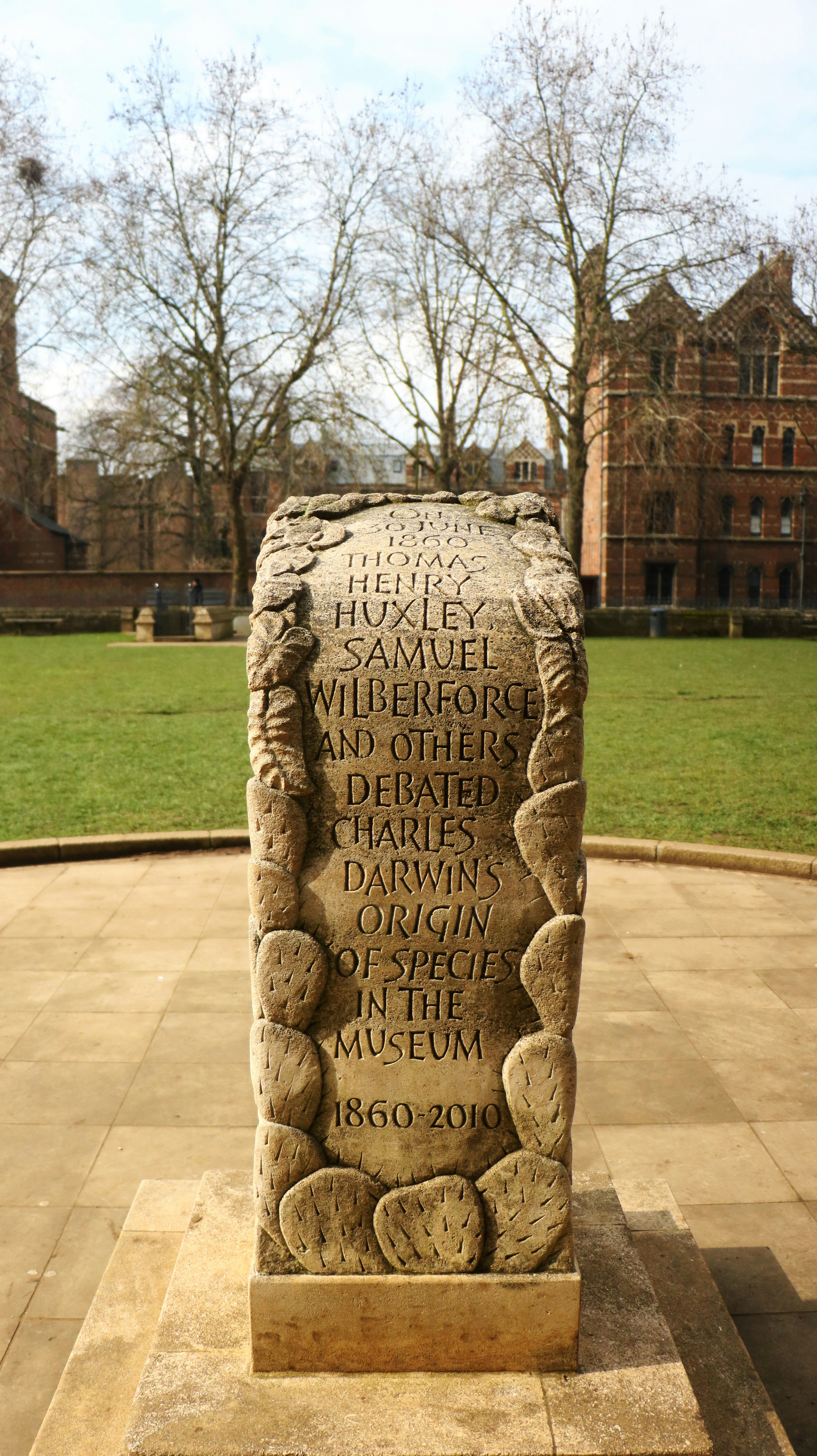 A large stone block with writing on it