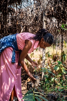 A woman in a pink dress is tending to plants
