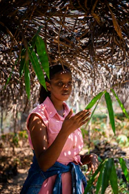 A woman in a pink shirt is standing under a tree