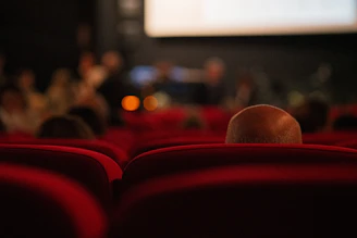 A blurry photo of people in a movie theater