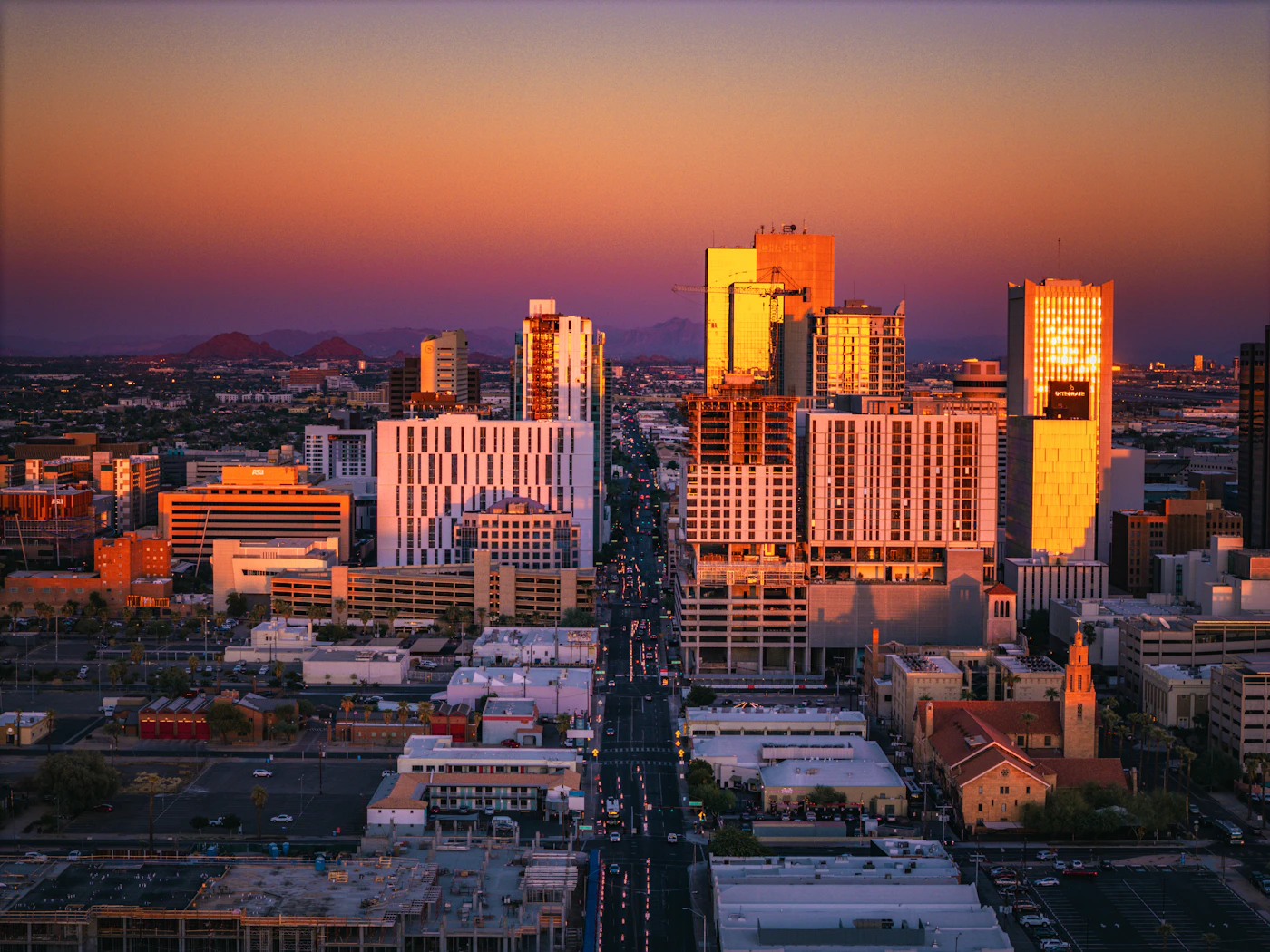 Aerial view of Downtown Phoenix skyline with high-rise buildings