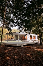 A house in the middle of a forest surrounded by trees