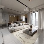 A living room with a couch a table and a large window