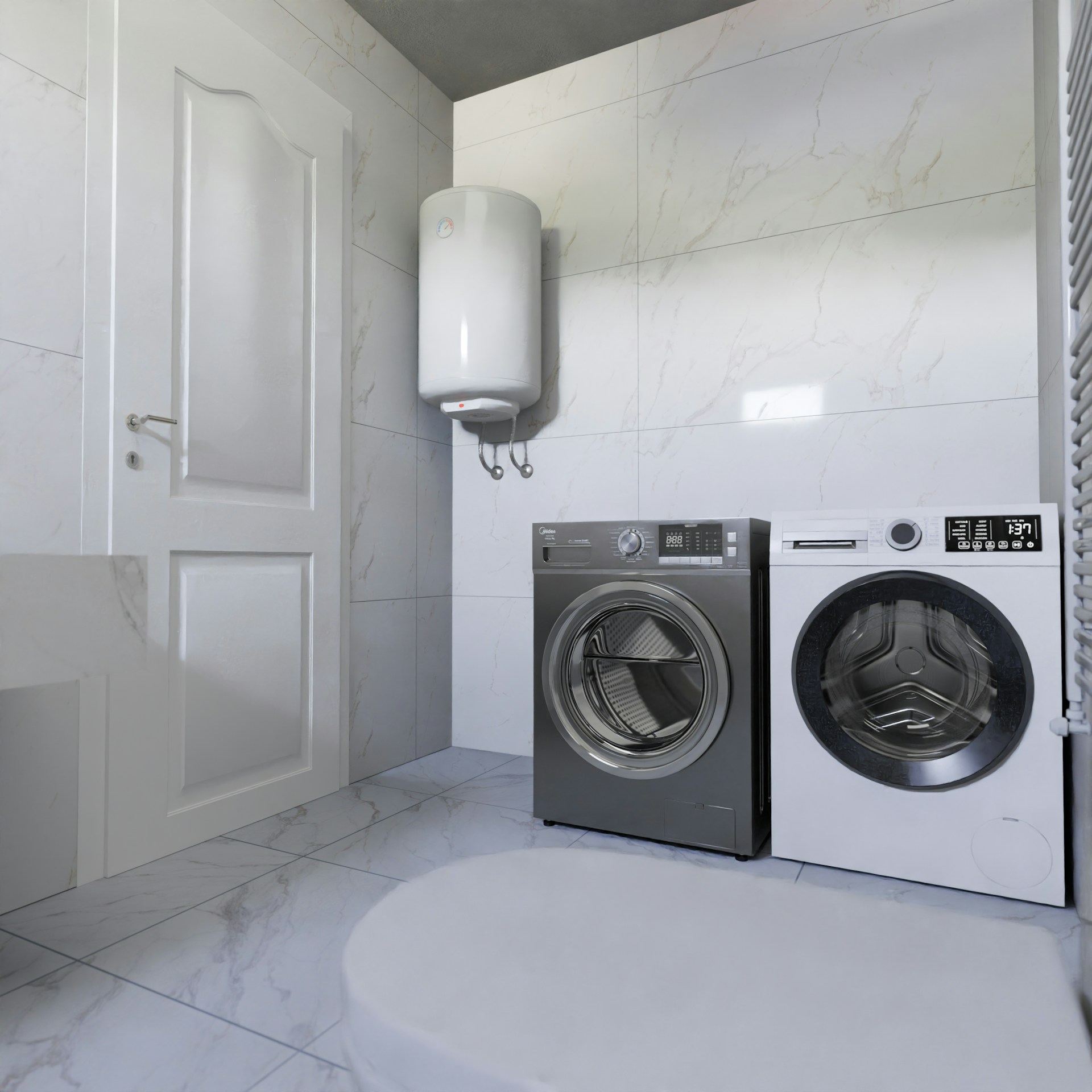 A washer and dryer in a white bathroom