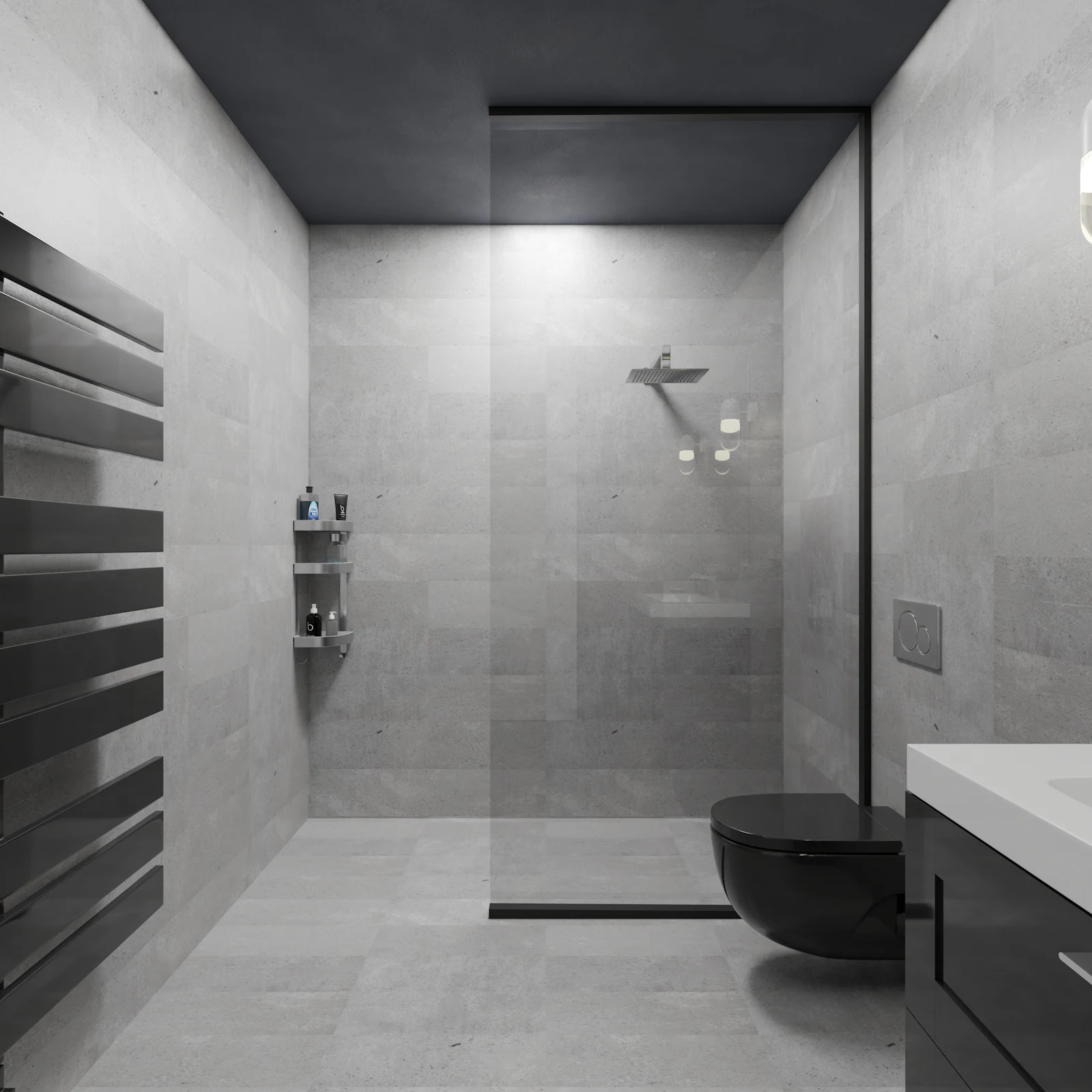 Bathroom with a gray tiled walk-in shower