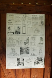 A poster hanging on the side of a wooden wall