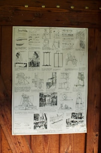 A poster hanging on the side of a wooden wall
