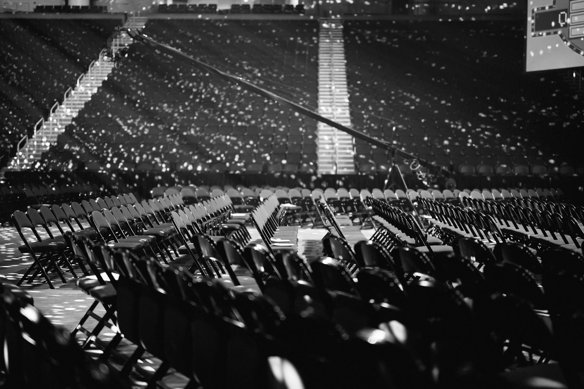 A black and white photo of a stadium