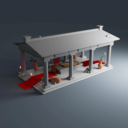 A model of a building with a red carpet