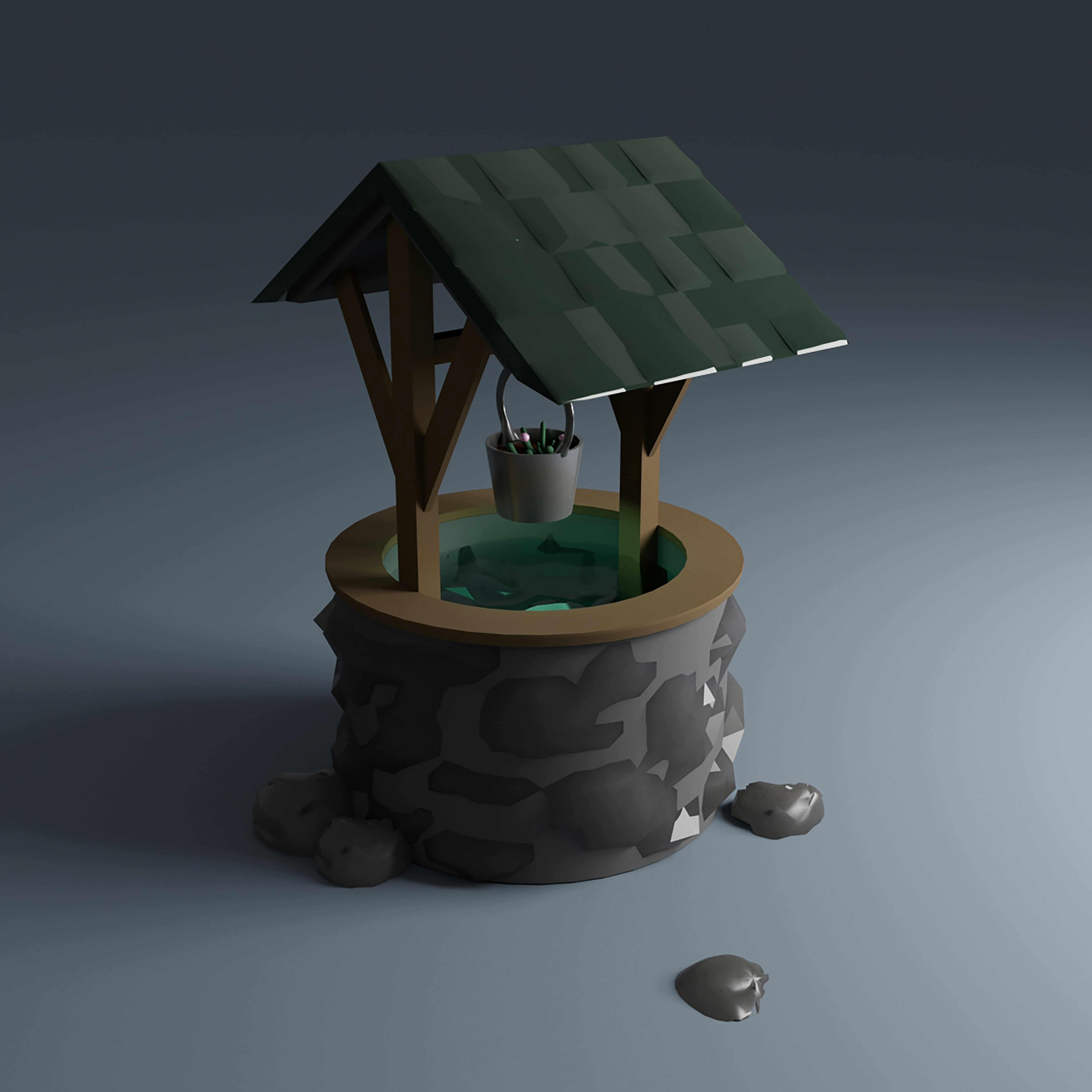A 3D rendering of a well with a green roof
