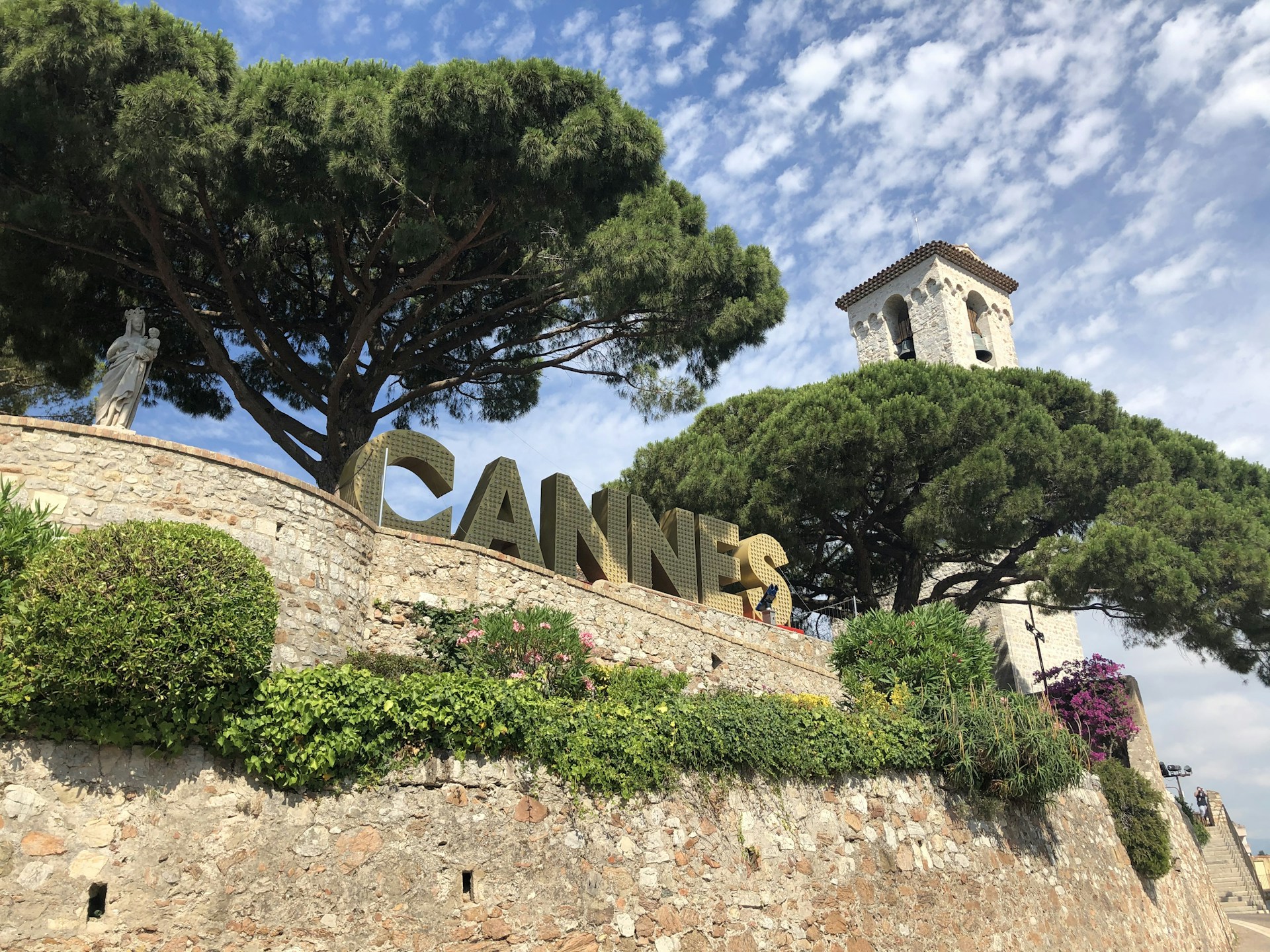 A stone wall with a tree on top of it