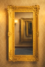 A gold framed mirror hanging on a wall