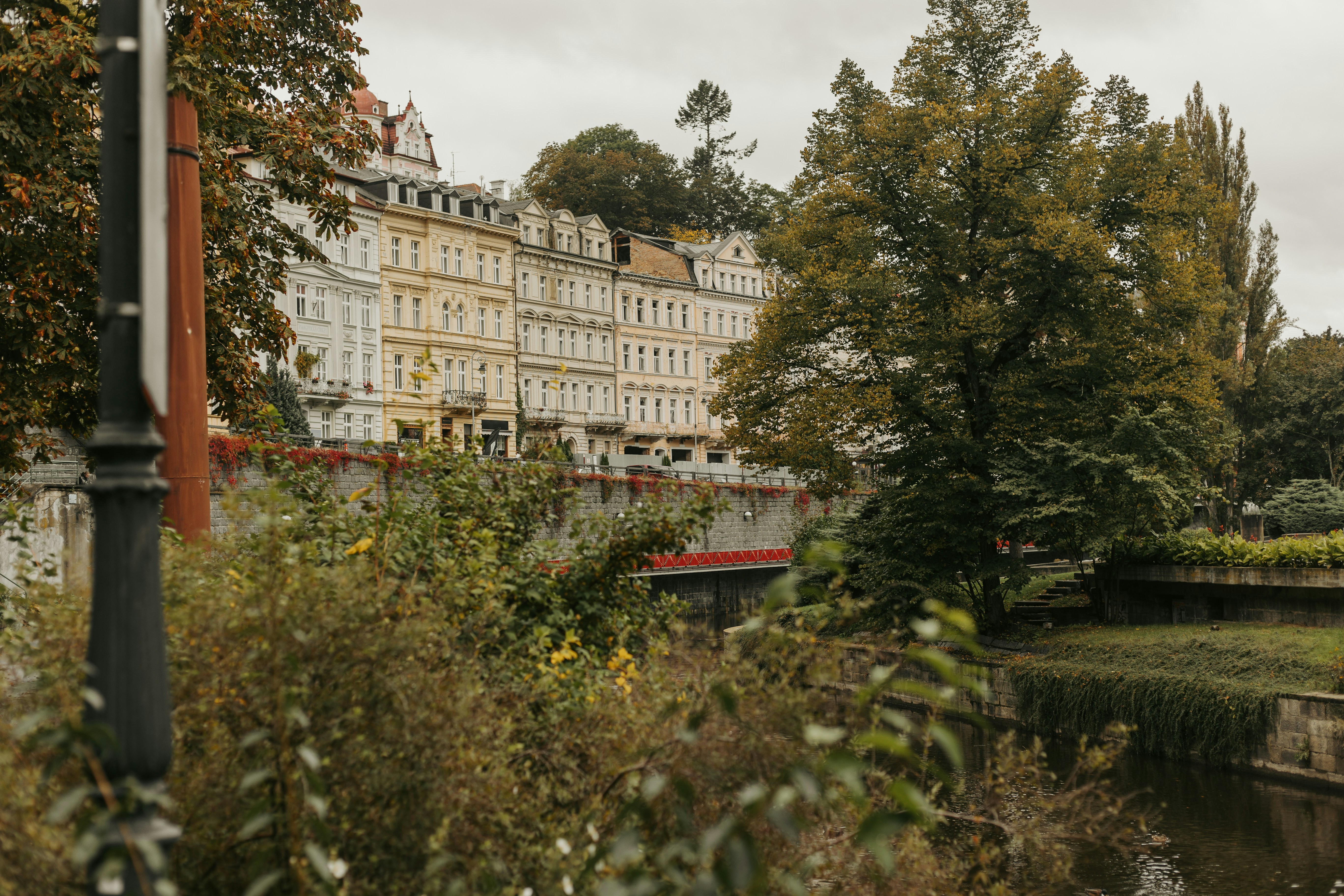 A river running through a lush green park