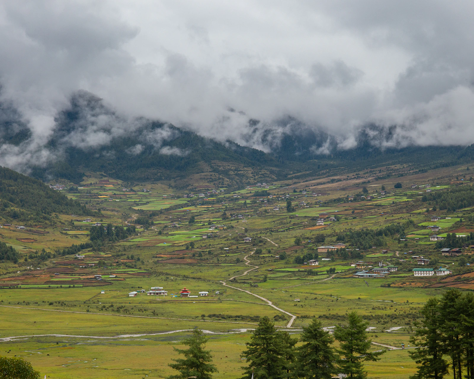 A wide glacial valley floor of marsh and fields in central Bhutan, farmhouses scattered below cloud on the ridges