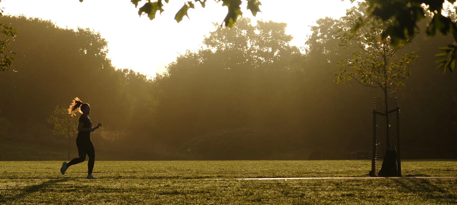 A person jogging through a park at sunrise
