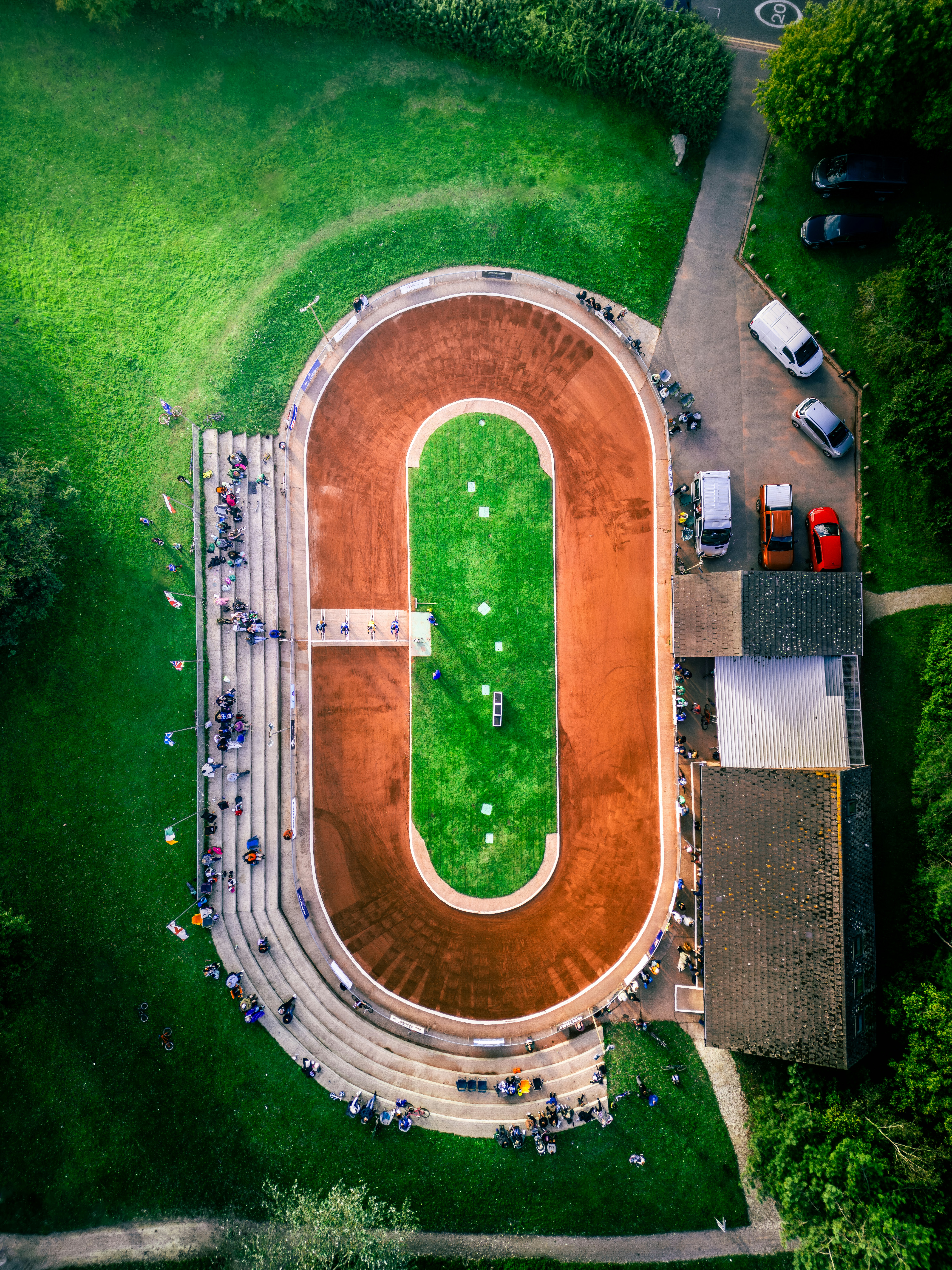 An aerial view of a baseball field in a park