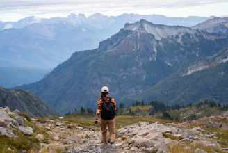 A person with a backpack on a mountain trail