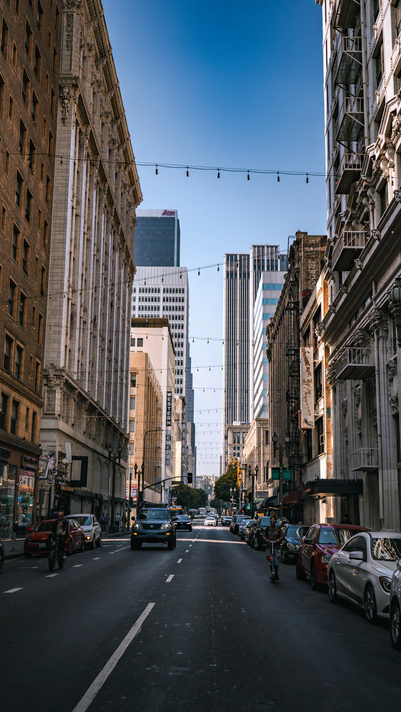 A downtown street lined with tall buildings