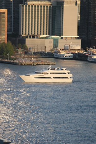 A large white boat in a large body of water