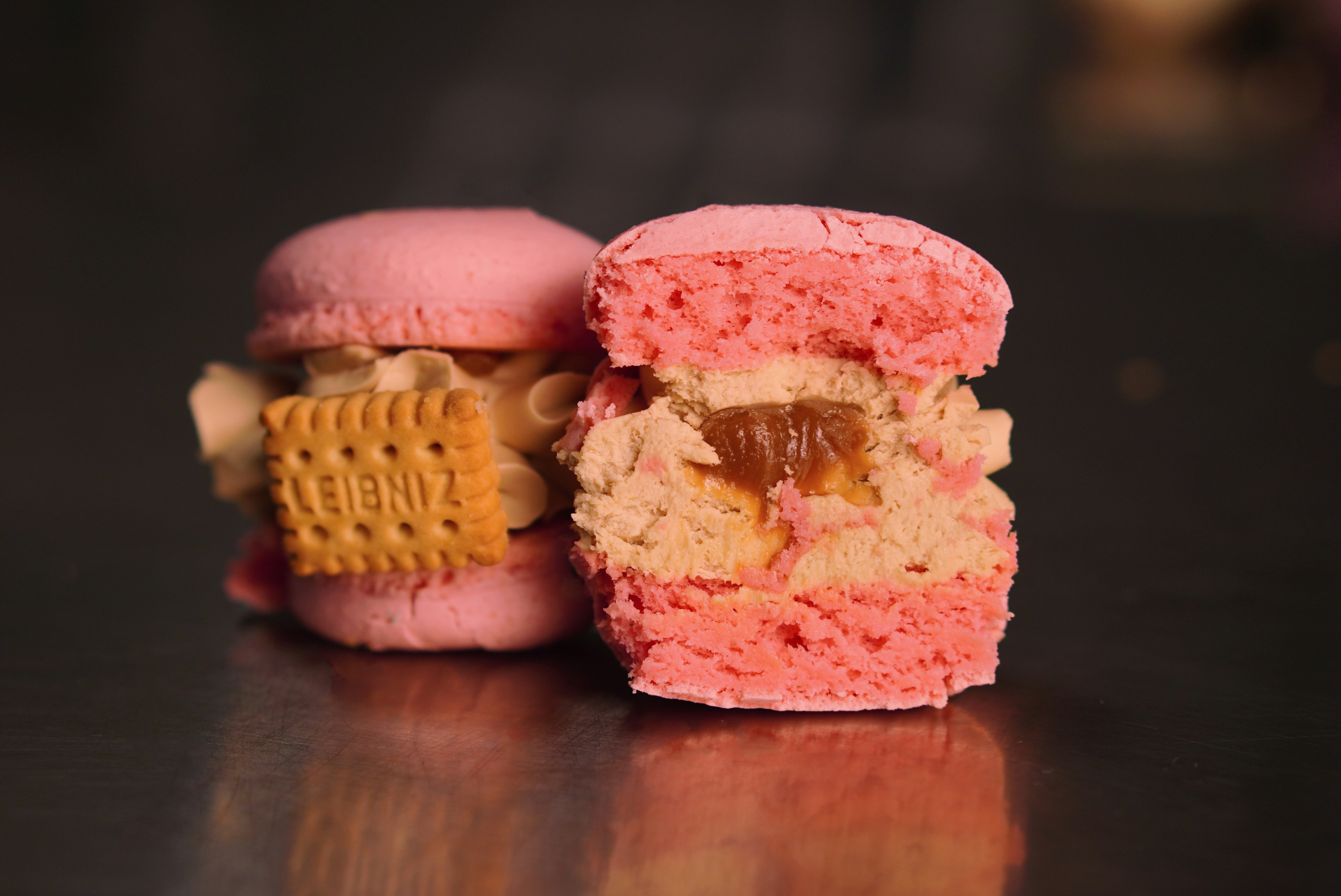 A close up of two cookies and waffles on a table