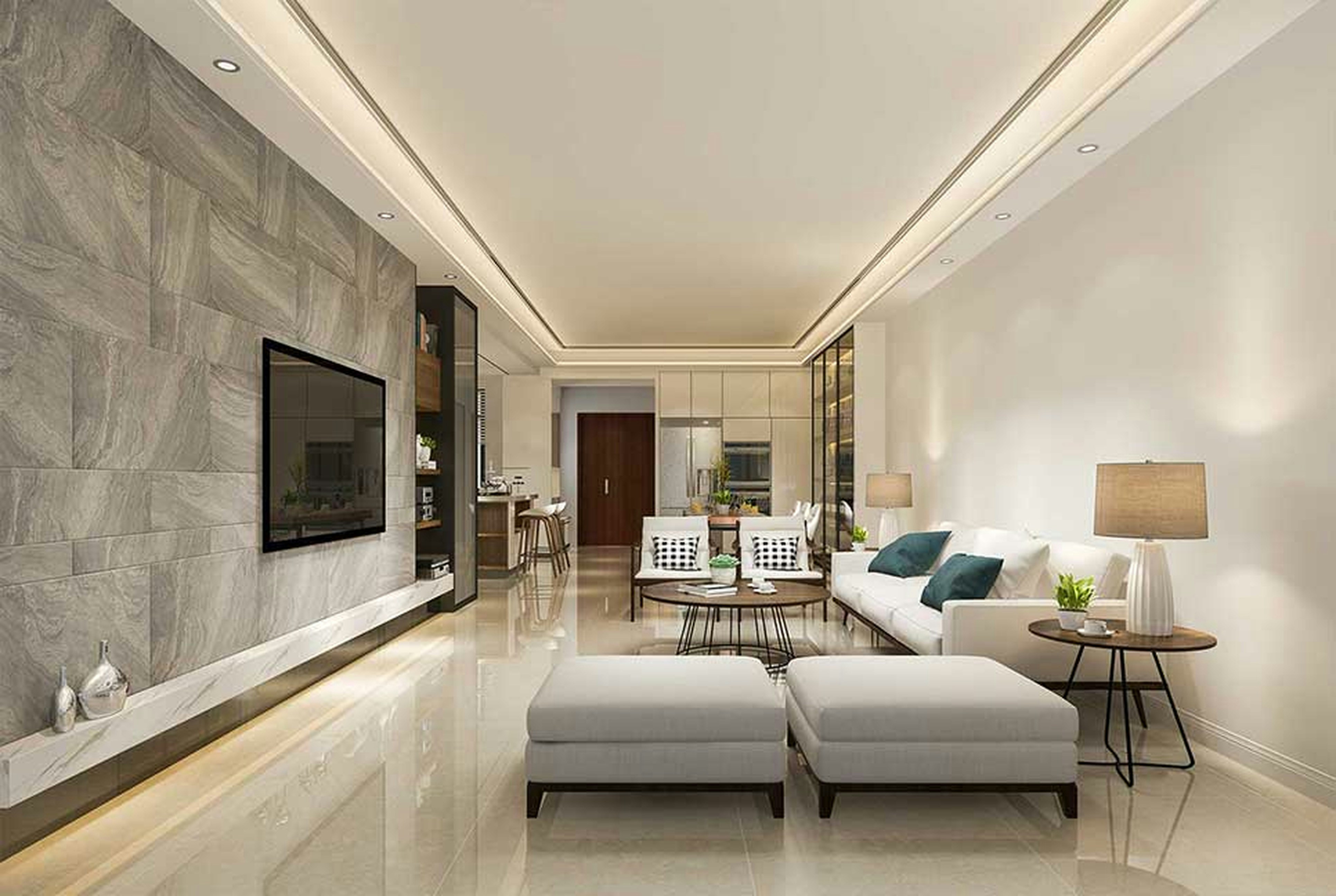 Bright modern living room with integrated lighting control, ambient lighting, and sleek contemporary furniture in natural light