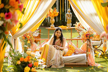 A woman sitting on top of a bed covered in flowers