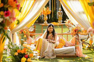 A woman sitting on top of a bed covered in flowers